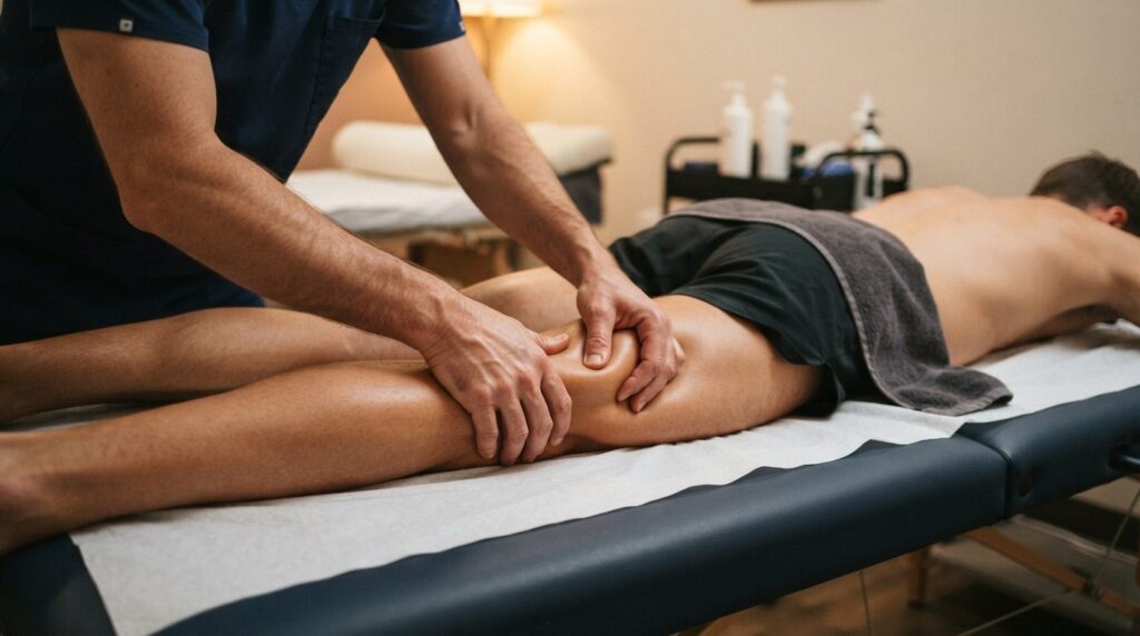Close-up of experienced massage therapists hands working on