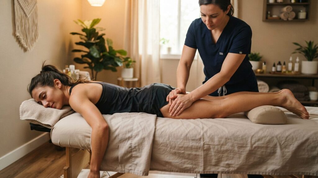 Athletic runner receiving sports massage treatment focusing 